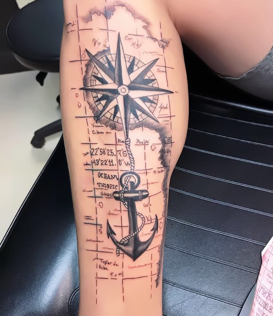 步先生小腿地图船锚指南针纹身图案图片