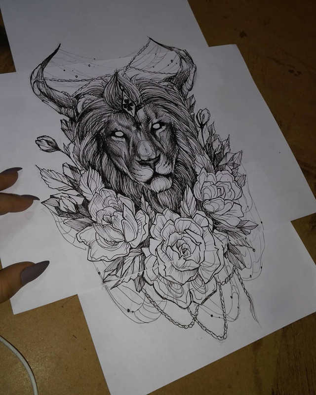 玫瑰狮子纹身手稿